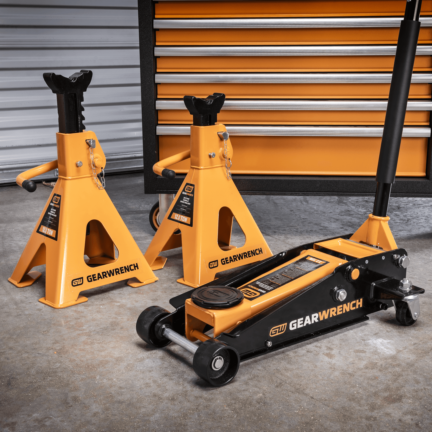 Image of GEARWRENCH Floor Jack & Jack Stands with a rolling tool chest in the background