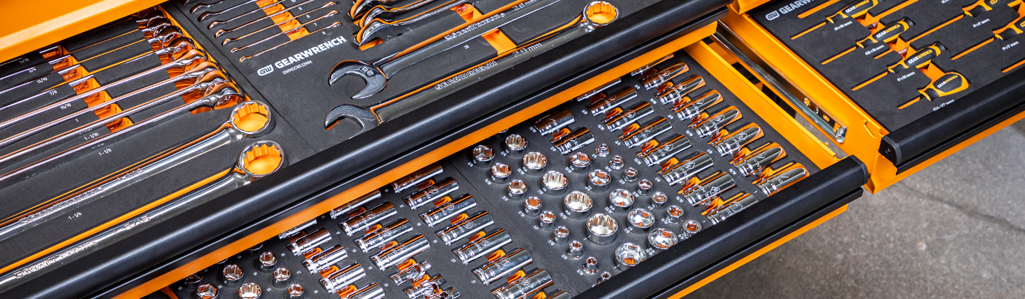 GEARWRENCH modular tool sets in open tool drawers